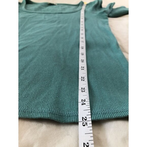 Sundance Womens Ribbed Short Sleeve Top Size M Teal Green Square Scoop Neck - Picture 6 of 6